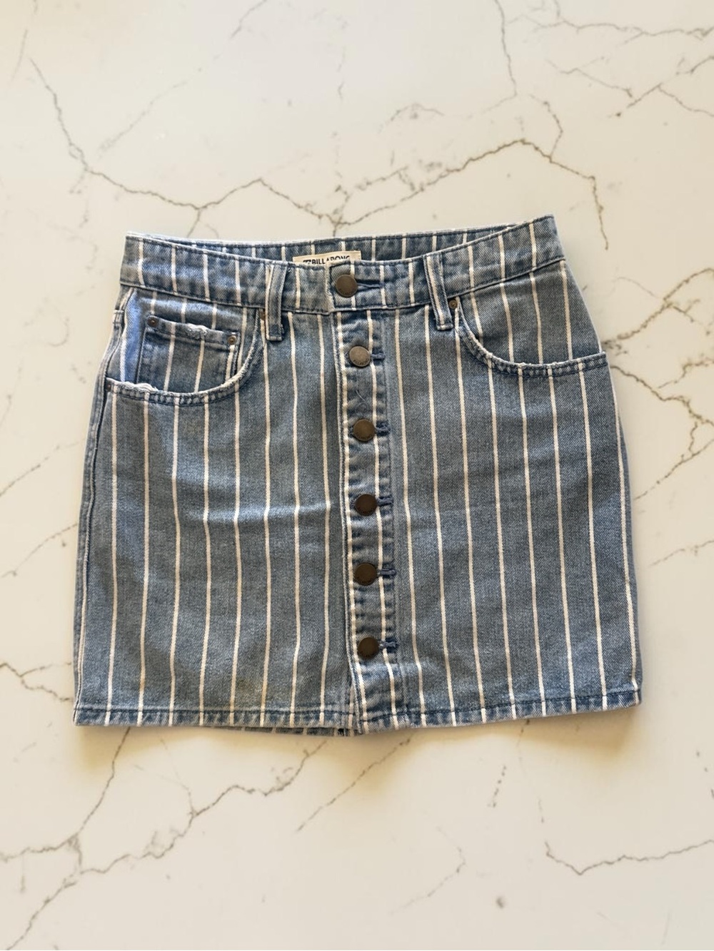 Billabong Blue Striped Button-Front Denim Mini Skirt